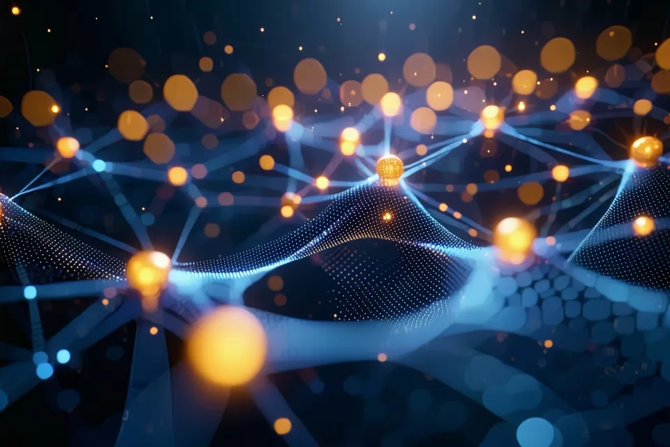 Abstract neural network visualization representing Borrowrig's AI underwriting engine on dark navy background with amber highlights